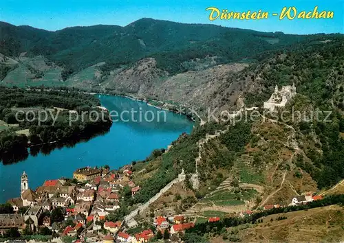 AK / Ansichtskarte Duernstein_Wachau Pfarrrkirche Maria Himmelfahrt ehem Stiftskirche Ruine Duernstein Fliegeraufnahme Duernstein_Wachau