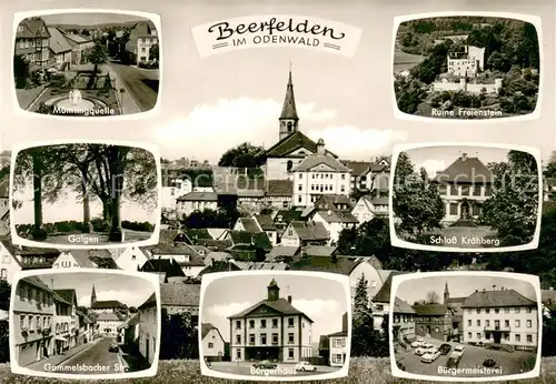 AK / Ansichtskarte Beerfelden_Odenwald Buergerhaus Buergermeisterei Schloss Kraehberg Ruine Freienstein Galgen Gammelsbacher Str. Muemlingsquelle Beerfelden Odenwald