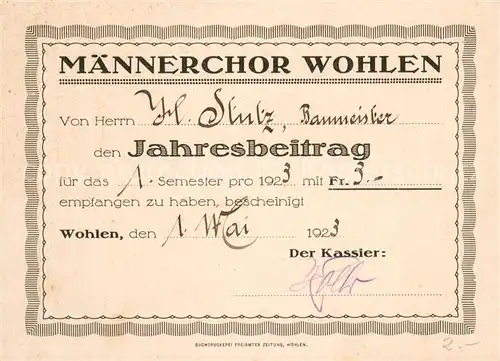 AK / Ansichtskarte Wohlen_AG Maennerchor Wohlen Jahresbeitrag Kassenbeleg Wohlen_AG