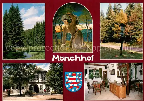 AK / Ansichtskarte Elgersburg Waldgasthaus Pension Moenchhof Partie am Wasser Waldweg Wappen Elgersburg