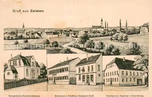 AK / Ansichtskarte Zeiskam Ev Gesellschaftshaus Schulhaus und Kaufhaus Hamann und Graf Gasthaus zur Jaegerlust Zeiskam