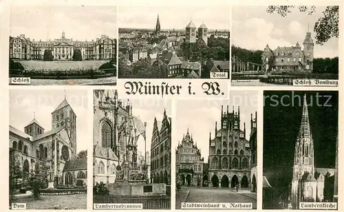 AK / Ansichtskarte Muenster_Westfalen Schloss Totalansicht Schloss Boniburg Dom Lambertusbrunnen Stadtweinhaus Rathaus Lambertikirche Muenster_Westfalen