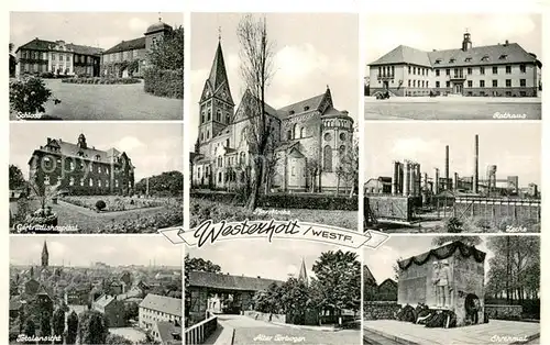AK / Ansichtskarte Westerholt_Westfalen Pfarrkirche Zeche Ehrenmal Alter Torbogen Totalansicht Schloss Westerholt_Westfalen