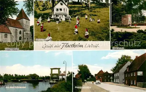 AK / Ansichtskarte Flaesheim Gartenmotiv Stiftskirche Ehrenmal Hauptstrasse An der Schleuse Flaesheim