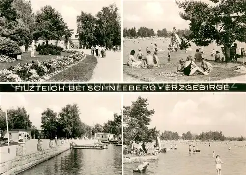 AK / Ansichtskarte Schneeberg_Erzgebirge Badestrand Liegewiese am Filzteich Promenade Schneeberg Erzgebirge