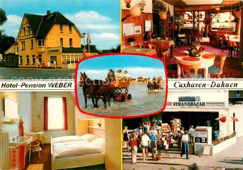 AK / Ansichtskarte Duhnen_Cuxhaven Hotel Pension Weber Gastraum Zimmer Strandbazar 