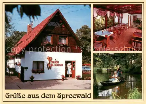 AK / Ansichtskarte Burg_Spreewald Pension Willischza Gastraum Wasserstrasse Kahnfahrt Trachten Burg Spreewald