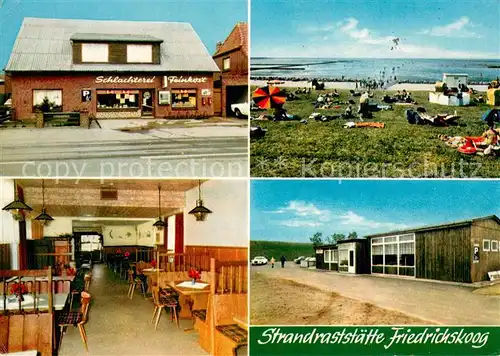 AK / Ansichtskarte Friedrichskoog_Nordseebad Strandraststaette Gaststube Schlachterei Feinkost Liegewiese Friedrichskoog_Nordseebad