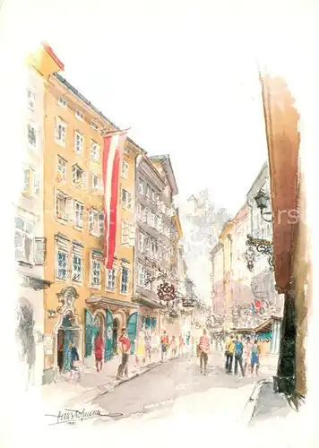 AK / Ansichtskarte Salzburg__oesterreich Getreidegasse mit Mozarts Geburtshaus Aquarell 