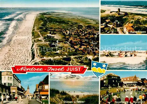 AK / Ansichtskarte Juist_Nordseebad Strand Inseldorf Kuranlagen Fliegeraufnahme Wilhelmstrasse Duenen Spielteich Kurplatz Juist_Nordseebad