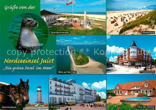 AK / Ansichtskarte Juist_Nordseebad Gruene Insel im Meer Seehund Strand Promenade Memmertfeuer Pferdebus Kurhotel Ortsmotiv Juist_Nordseebad