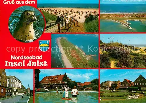 AK / Ansichtskarte Juist_Nordseebad Seeloewe Strandleben Duenen Spielteich Kurpark Ortsmotiv Fliegeraufnahme Juist_Nordseebad