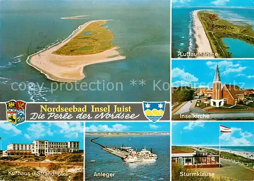 AK / Ansichtskarte Juist_Nordseebad Nordseeinsel Fliegeraufnahme Kirche Kurhaus Strandhotel Anleger Faehre Sturmklause Juist_Nordseebad