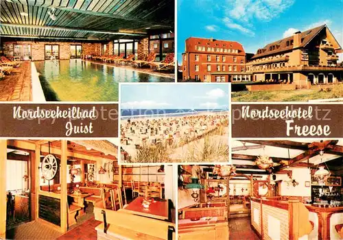 AK / Ansichtskarte Juist_Nordseebad Nordseehotel Freese Restaurant Hallenbad Strandleben Juist_Nordseebad