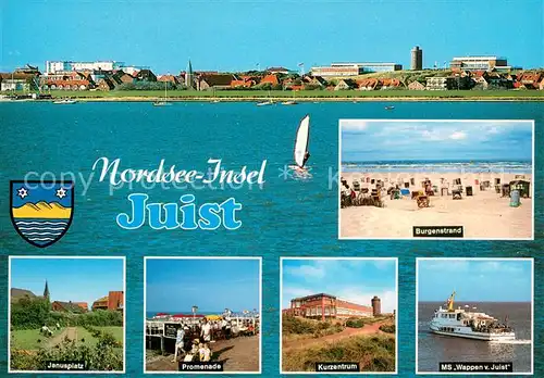 AK / Ansichtskarte Juist_Nordseebad Inseldorf Strand Janusplatz Promenade Kurzentrum MS Wappen von Juist Juist_Nordseebad