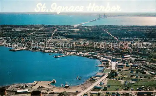 AK / Ansichtskarte St_Ignace The Harbor and Mackinac Bridge Aerial view St_Ignace