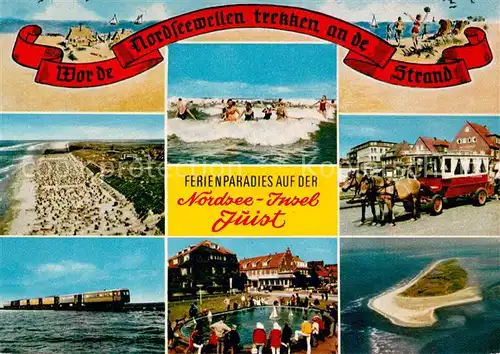 AK / Ansichtskarte Juist_Nordseebad Badestrand Pferdebus Inselbus Spielteich Nordseeinsel Fliegeraufnahme Juist_Nordseebad