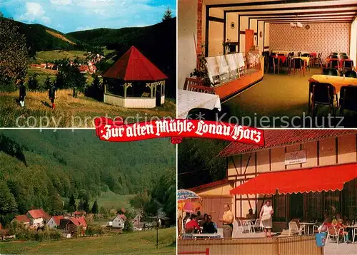 AK / Ansichtskarte Herzberg_Harz Cafe Zur alten Muehle Panorama Gaststube Terrasse Herzberg Harz