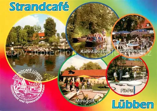 AK / Ansichtskarte Luebben_Spreewald Strandcafe mit Kahnhafen Kahnfahrten Gastronomie Minigolf Pit Pat Luebben Spreewald