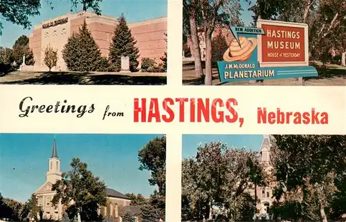 AK / Ansichtskarte Hastings_Nebraska House of Yesterday College Museum Planetarium Calvin French Memorial Chapel McCormick Hall Hastings_Nebraska