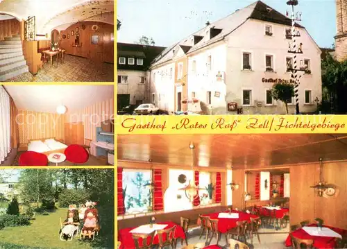 AK / Ansichtskarte Zell_Fichtelgebirge Gasthof Rotes Ross Treppe Zimmer Garten Gastraum Zell Fichtelgebirge