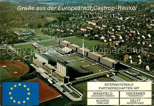 AK / Ansichtskarte Castrop Rauxel Fliegeraufnahme Rathaua u. Stadthalle am Europaplatz Castrop Rauxel