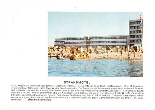 AK / Ansichtskarte Heiligenhafen_Ostseebad Strandmotel ADAC Motel garni Aussenansicht m. Strand Korbbestellung Heiligenhafen_Ostseebad