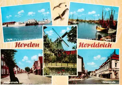 AK / Ansichtskarte Norden_Norddeich_Nordseebad Mole Hafen Westgaster Muehle Westerstrasse Osterstrasse 