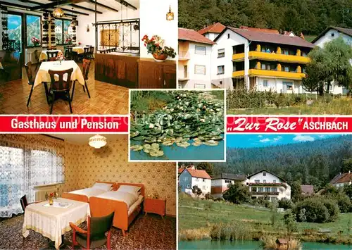 AK / Ansichtskarte Aschbach_Odenwald Gasthaus Pension Zur Rose Gastraum Teich Seerosen Aschbach Odenwald