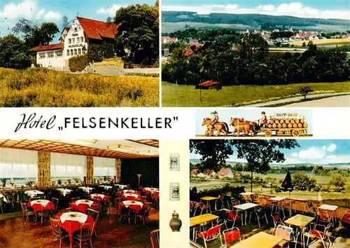 AK / Ansichtskarte Lauenau Hotel Felsenkeller Restaurant Terrasse Rupp Braeu Pferdewagen Landschaftspanorama Lauenau