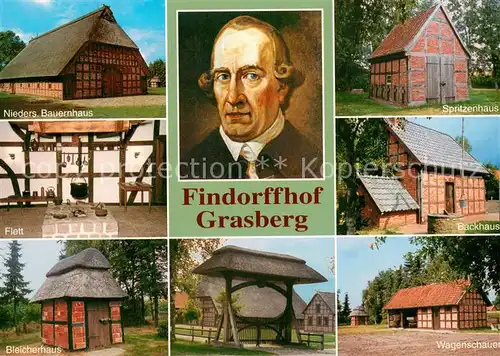 AK / Ansichtskarte Grasberg_Bremen Findorffhof Bauernhaus Spritzenhaus Flett Bleicherhaus Wagenschauer Backhaus Portrait Juergen Christian Findorff Grasberg Bremen