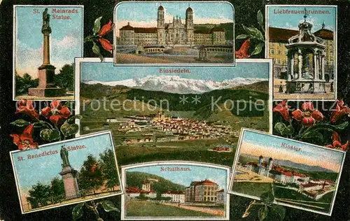 AK / Ansichtskarte Einsiedeln_SZ Statuen Kloster Liebfrauenbrunnen Schulhaus Einsiedeln SZ