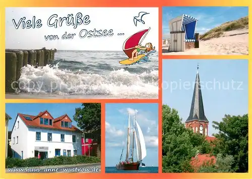 AK / Ansichtskarte Wustrow_Ostseebad Ferienhaus Anne Strandkorb Segelschiff Kirche Wustrow_Ostseebad