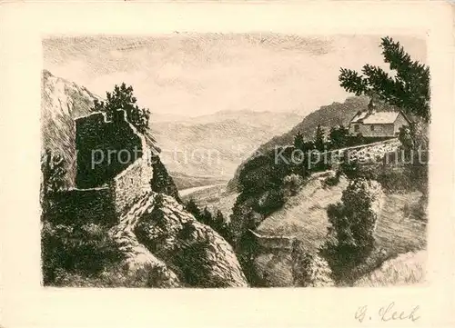 AK / Ansichtskarte Bad_Ragaz_Ragatz Ruine und Kapelle Wartenstein mit Rheintalblick Radierung 