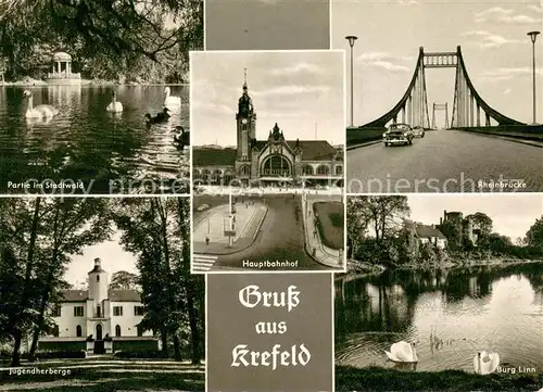 AK / Ansichtskarte Krefeld_Rhein Partie im Stadtwald Hauptbahnhof Rheinbruecke Jugendherberge Burg Linn 