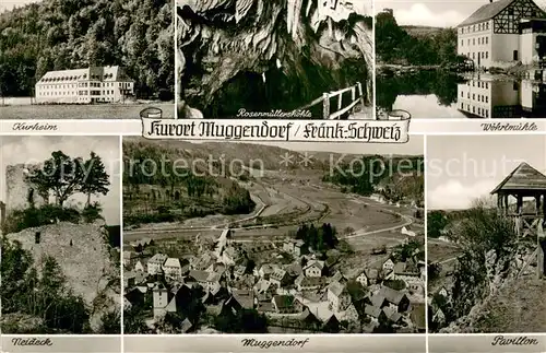 AK / Ansichtskarte Muggendorf_Fraenkische_Schweiz Gesamtansicht Kurheim Neideck Burgruine Rosenmuellershoehle Woehrlmuehle Pavillon Muggendorf_Fraenkische