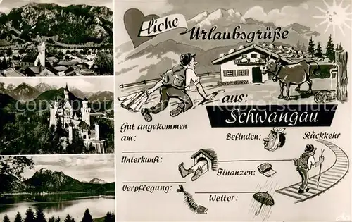 AK / Ansichtskarte Schwangau Das Dorf der Koenigsschloesser See Schloss Neuschwanstein Alpen Karikaturen Schwangau