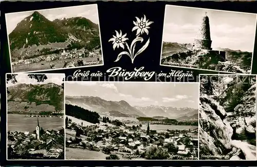 AK / Ansichtskarte Burgberg_Allgaeu Gesamtansicht mit Alpenpanorama Gruenten Denkmal Starzlachklamm Wasserfall Burgberg Allgaeu