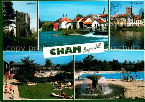 AK / Ansichtskarte Cham_Oberpfalz Oedenturm Storchennest Freibad Partie am Regen Wehr Cham Oberpfalz