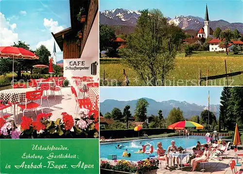 AK / Ansichtskarte Arzbach_Bad_Toelz Cafe Schusterpeter Terrasse Freibad Blick zur Kirche Alpen Arzbach_Bad_Toelz