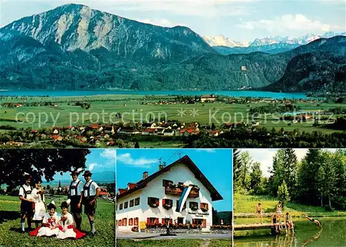 AK / Ansichtskarte Grossweil Panorama mit Schlehdorf am Kochelsee Jochberg Karwendelgebirge Walchenseekraftwerk Plattlergruppe Trachten Geschaeftshaus Schwimmbad Grossweil