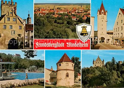 AK / Ansichtskarte Mindelheim Teilansichten Frundsbergstadt Stadttor Turm Freibad Burg Mindelheim