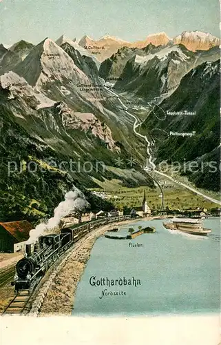 AK / Ansichtskarte Flueelen_Vierwaldstaettersee_UR mit Gotthardbahn 