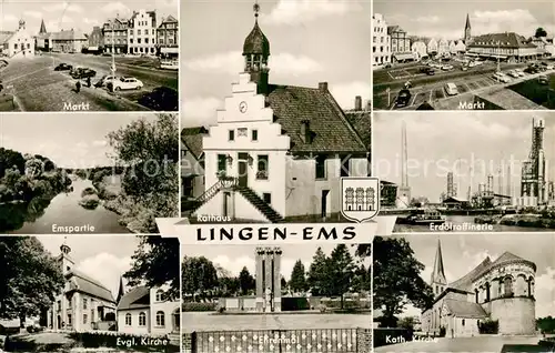 AK / Ansichtskarte Lingen_Ems Markt Emspartie Ev Kirche Rathaus Ehrenmal Erdoelraffinerie Kath Kirche Lingen_Ems