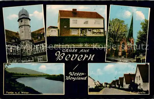 AK / Ansichtskarte Bevern_Holzminden Schlosshof Lebensmittel Rojahn Kirche Weserpartie Sollingbreite Bevern Holzminden