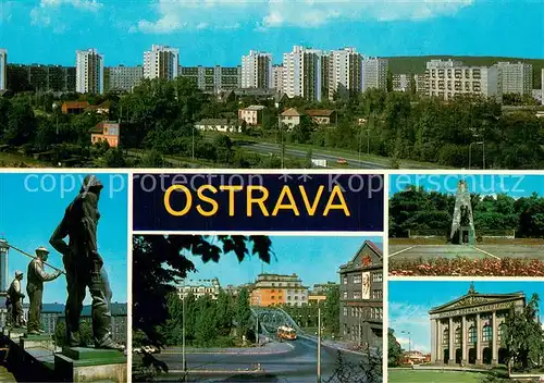 AK / Ansichtskarte Ostrava_Maehrisch_Ostrau Panorama Pohled k Nove radnici Most Milose Sykory Pamatnik osvobozeni v Komenskeho sadech Divadlo Zdenka Nejedleho 