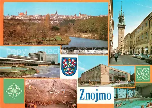 AK / Ansichtskarte Znojmo_CZ Panorama Nemocnice Ceskoslovensko sovetskeho pratelstvi Interier vinarny Jana Lucemburskeho Obrokova ulice v pozadi radnicni vez Mestske lazne Interier lazni 