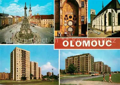 AK / Ansichtskarte Olomouc_Olmuetz_CZ Na namestiMiru stoji radnice gotickeho puvodu a monumentalni vysoky barokni sloup Mesto se rozrusta o nova sidliste 