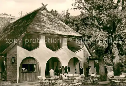 AK / Ansichtskarte Bergen_Ruegen Rugard Gaststaette Aussenansicht m. Terrasse Bergen Ruegen