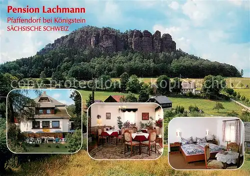 AK / Ansichtskarte Pfaffendorf_Koenigstein Pension Lachmann Garten Gaststube Zimmer Blick zum Pfaffenstein Pfaffendorf_Koenigstein